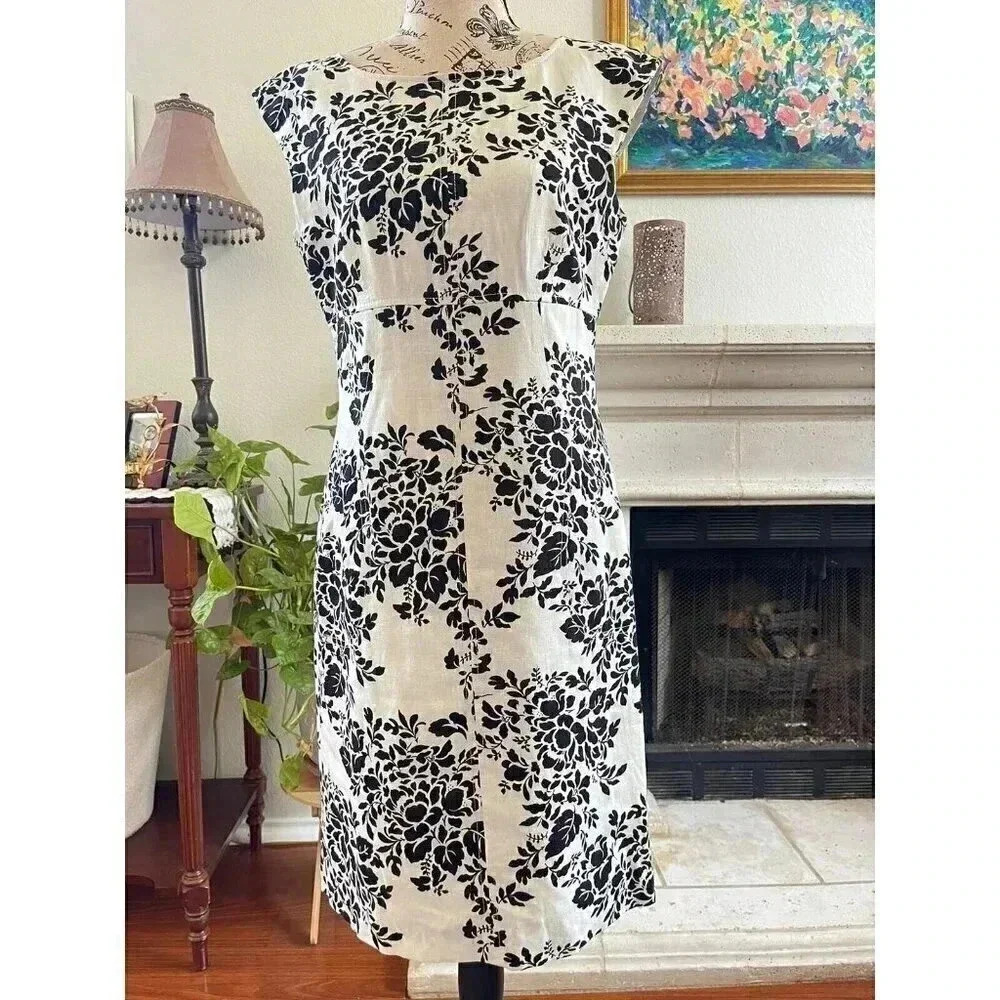 Tahari‎ Esabella Demarco Women's Midi Dress 4 White Lining Floral Linen Blend